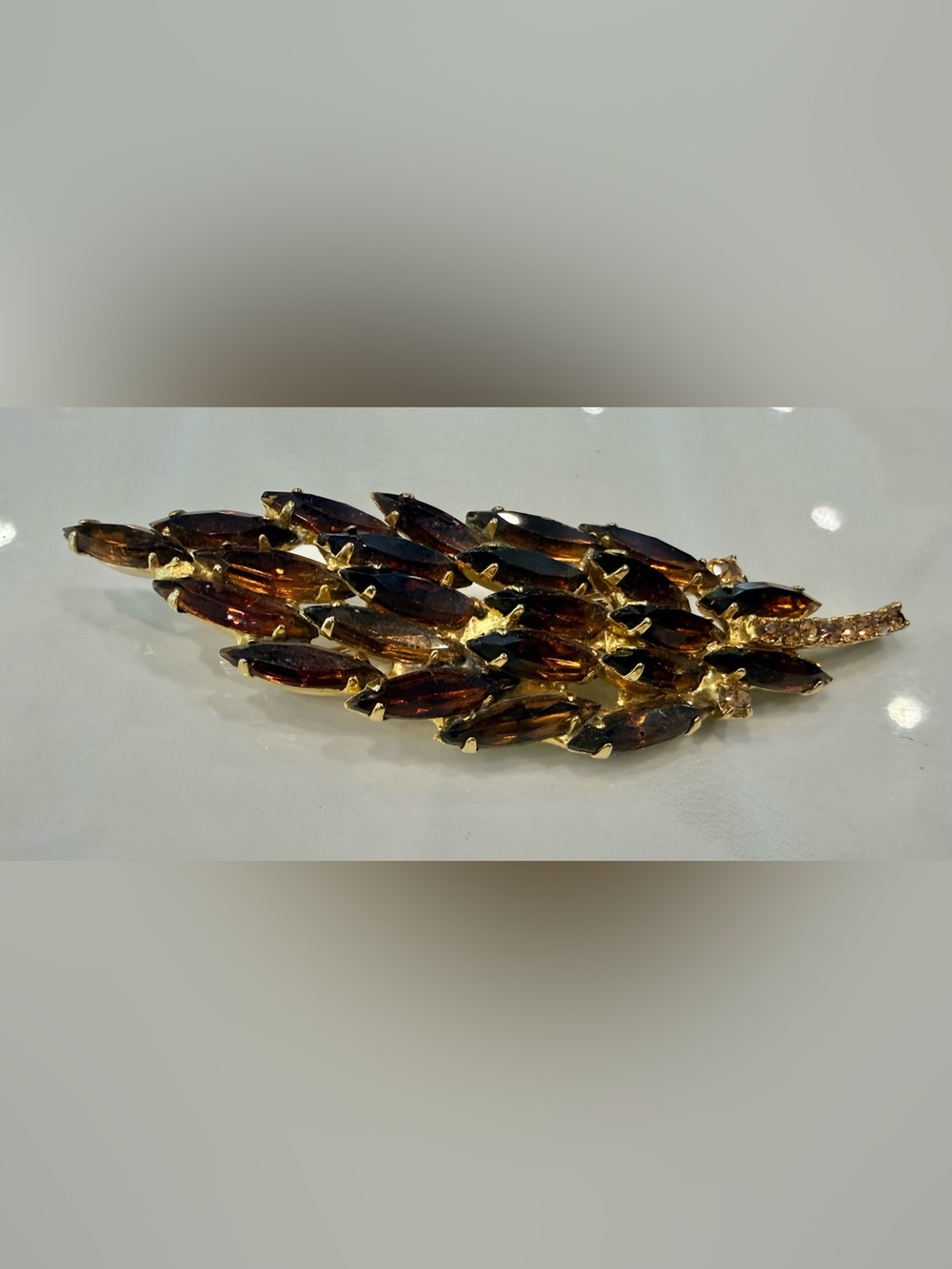 Root beer color Marquise Stones on Gold-Tone Metal Leaf Brooch Vintage